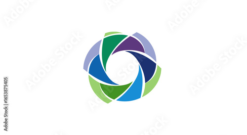 A stylized, abstract logo featuring overlapping, colorful geometric shapes arranged in a circular pattern.
