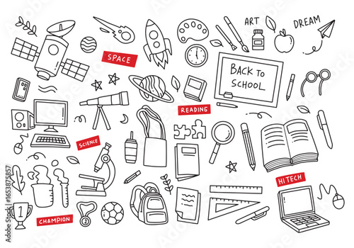 Line art illustration of school supplies and elements. Doodle of back to school