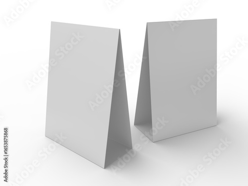 3D realistic mockup of a blank table sign tent card A4 format, isolated on white. Minimal display Ideal for menu, restaurant, cafe, event, promotion, branding, ads, and marketing design presentations