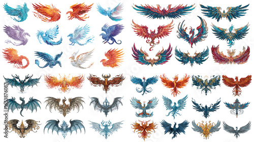 Fantasy phoenix bird set with fiery wings in blue, orange, and red watercolor tones. Symbol of rebirth and power, ideal for tattoo, logo, mythology art, or fantasy design.