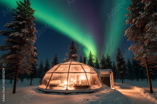 Northern Lights Aurora Borealis over Glass Igloo Hotel in Snowy Winter Landscape