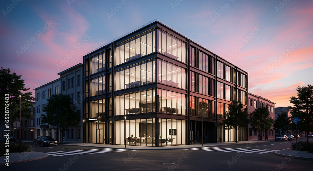 Obraz premium Modern urban apartment building at twilight.