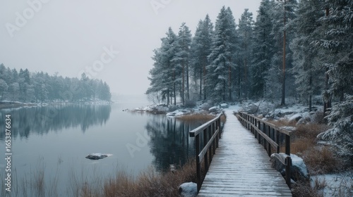 Serene Winter Landscape: A snow-covered bridge crossing calm lake into woodland