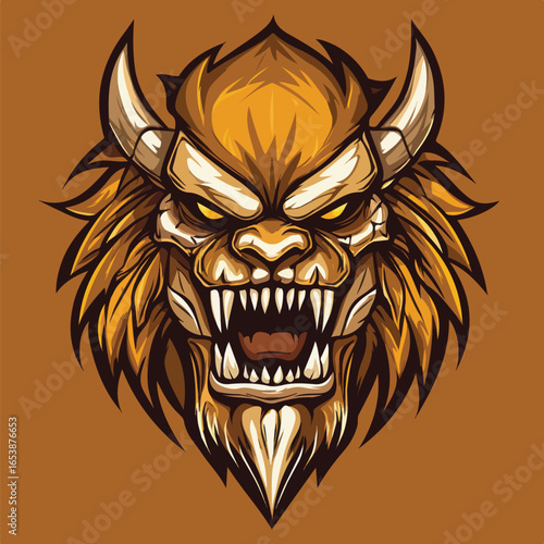 Golden Orange Horned Lion Beast Head | Fierce Fantasy Creature Vector Art