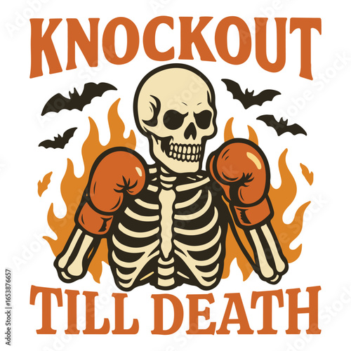 Knockout Till Death - Spooky Skeleton Halloween T Shirt Vector, Haunted Skeleton Illustration, Ghost Skull Clipart, Halloween Horror Quote, Funny Spooky Skeleton Graphic Tee
 