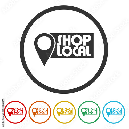 Shop local icon. Set icons in color circle buttons