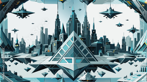 Futuristic city skyline with interlocking geometric structures and vibrant colors