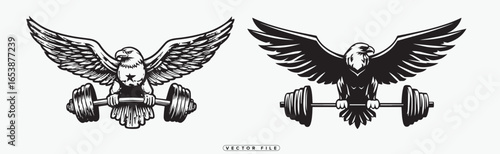 Eagle illustrations with dumbbells in black and white