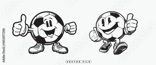 Two happy cartoon soccer balls giving thumbs up in sneakers