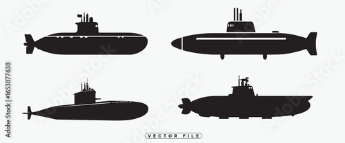 Four different views of a submarine in silhouette