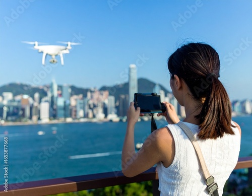 Futuristic drone delivering package across modern neon-lit city skyline