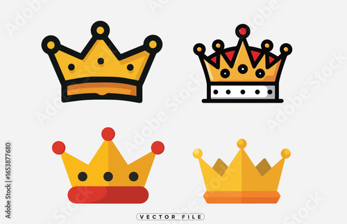 Collection of cartoon crowns in different styles and colors