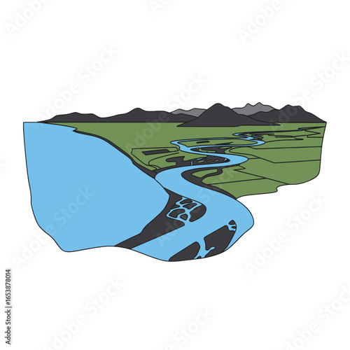 Illustration of a Serene River Flowing Through Green Valley with Mountain Backdrop Under Daylight