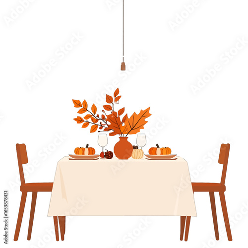 Thanksgiving Dining Table Decoration with Fall Leaves and Pumpkins in Brown and Orange Color Scheme with Brown Chairs in a Festive Atmosphere