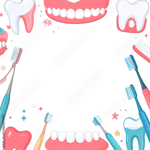 Dental Hygiene Elements Border with Teeth Toothbrushes in White Backdrop for Oral Care and Healthcare Flat Design Cartoon Illustration