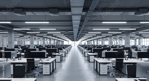 Empty office space interior view with rows of desks