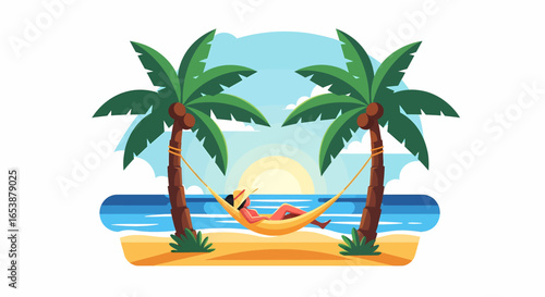 Tropical Beach Hammock Relaxation at Sunset Illustration