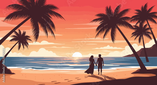 Romantic Beach Sunset Stroll with Palm Trees