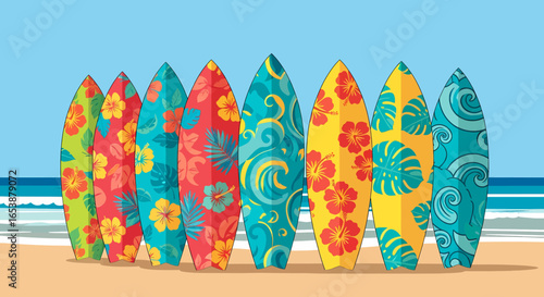 Vibrant Tropical Surfboards Lined Up on Sandy Beach