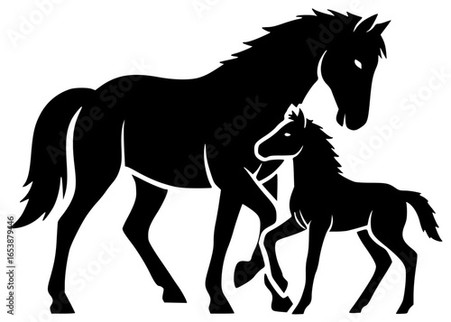 Horse runs quickly and plays with foal in open field gallops elegantly