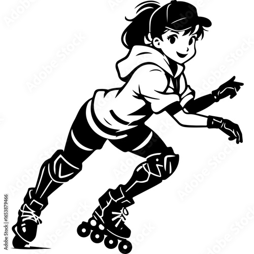 Sketchy sport emblem of athlete pushes off at the start to accelerate on roller skates. Engraving minimalistic vector in black ink drawing on transparent background