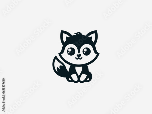 Playful baby fox with bushy tail and curious expression in charming vector logo