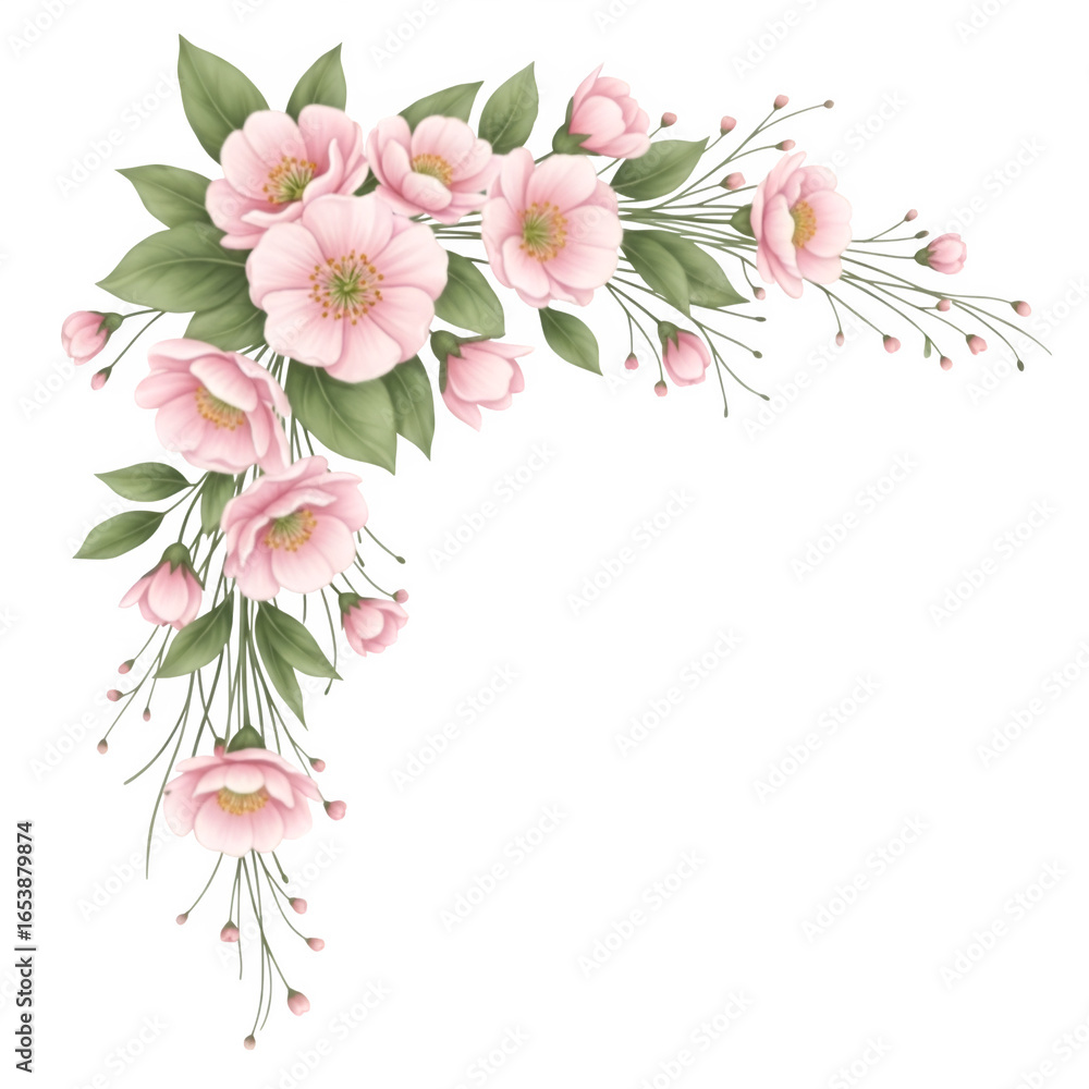 Fototapeta premium Pink floral corner design with green leaves on transparent background flowers