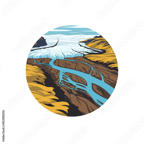 Pixel Art Round Illustration of Mountain Landscape with Flowing River and Earth Toned Terrain under Cloudy Sky