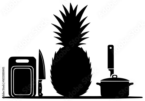 Pineapple on the table with fruit basket and kitchen slicing juicing dessert topping garden tree growth