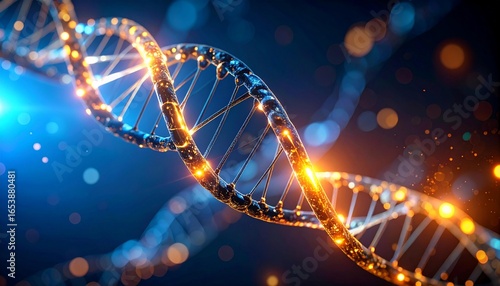 3D Glowing DNA Strand Structure in Blue Light.