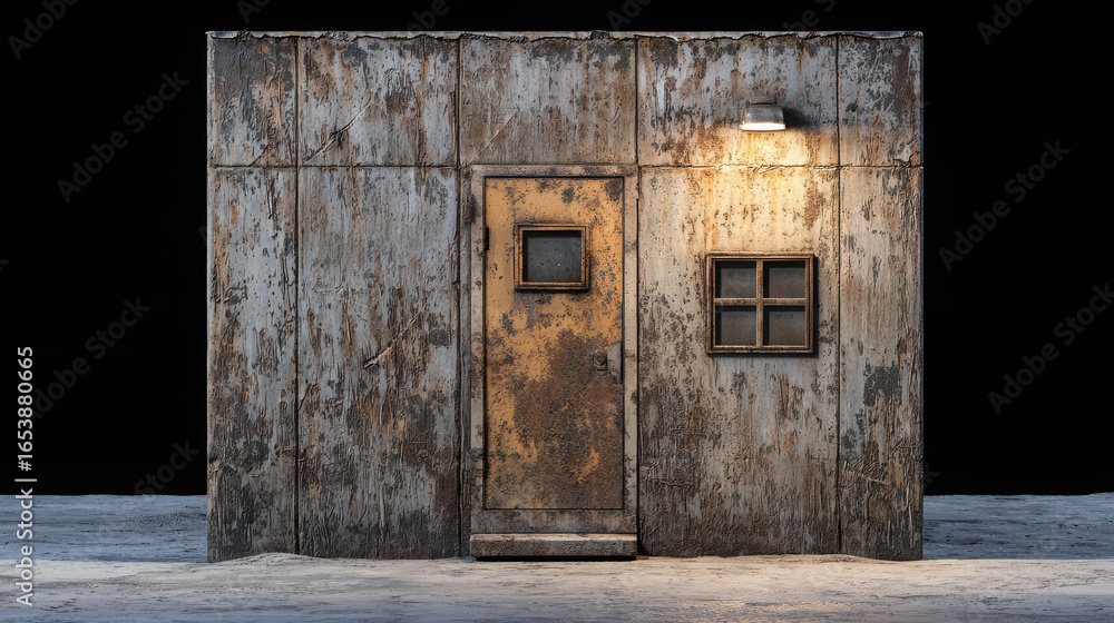 Fototapeta premium Rustic Wooden Shed with Weathered Texture, Old Door, and Single Window, Illuminated by Warm Light on Dark Background