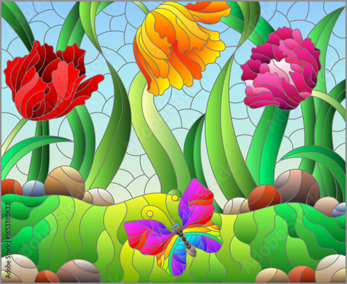 Illustration in the style of a stained glass window with flowers of tulips and butterflies against the sky