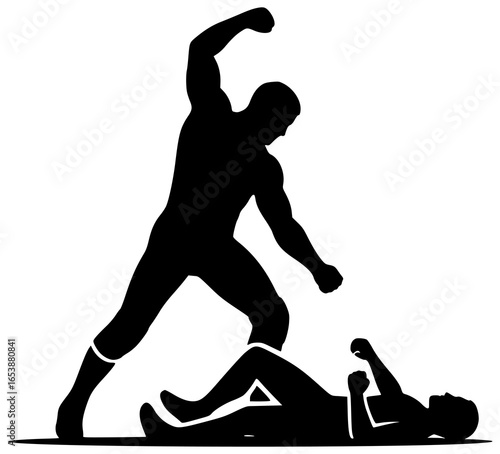 Wrestler punches opponent and kicks rival slams adversary smashes challenger defeats enemy attacks foe battles competitor fights overpowers dominates rival strongly today