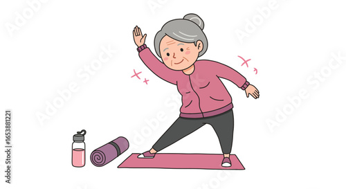 Happy Senior Woman Exercising on Yoga Mat for Health.