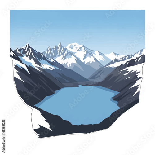 Geometric Mountainscape Featuring a Pale Blue Lake Surrounded by Snowy Peaks Under a Light Blue Sky Pixel Art