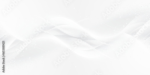 Abstract design with smooth, flowing white waves and a subtle scattering of small white dots on a light gray background.