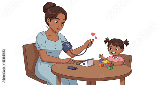 Mother and Child Health Checkup with Blood Pressure Monitor.