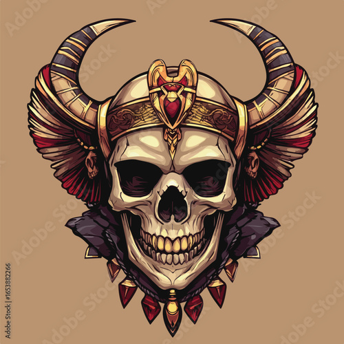 Golden Horned Demon skull Illustration | Fierce Eastern Mythology Vector