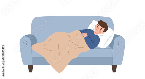 Sick Man Resting on Sofa Under Blanket.