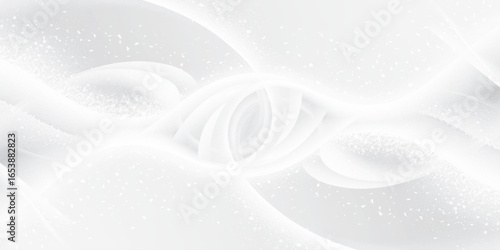 Abstract design with smooth, flowing white waves and a subtle scattering of small white dots on a light gray background.