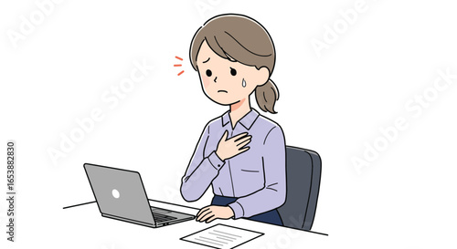 Woman Feeling Unwell at Work with Chest Pain.