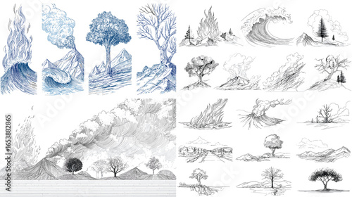 Hand-drawn ink illustration set depicting mountains, waves, fire, and trees in dynamic artistic style. Great for tattoo design, adventure posters, or nature-themed creative projects.