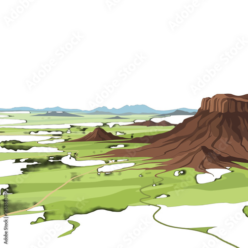 Scenic Green and Brown Pixel Art Landscape with Mountainous Backdrop Under a Clear Sky