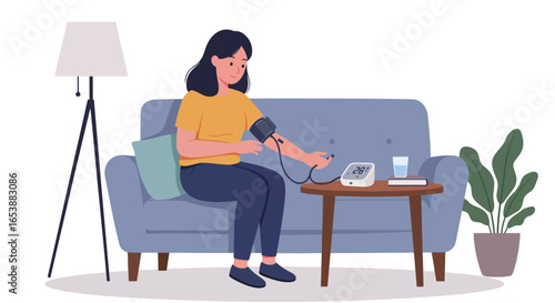 Woman Measuring Blood Pressure at Home.
