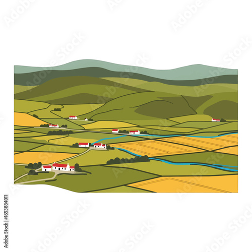 Pixel Art Countryside Landscape with Rolling Hills Golden Fields and a Small River Winding Through a Peaceful Rural Scene