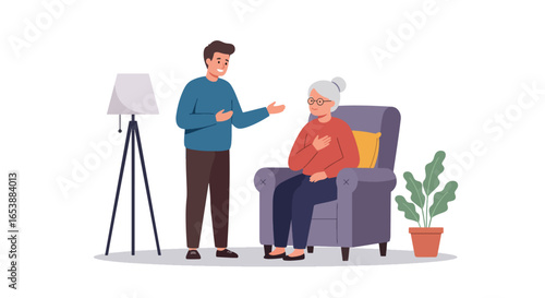 Young Man Talking to Elderly Woman at Home.