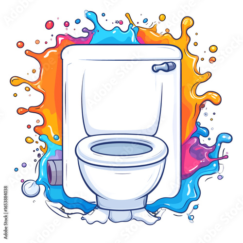 Colorful Splashes Around a Clean White Toilet Bowl with Lid and Plumbing Fixture in Cartoon Pixel Art Style