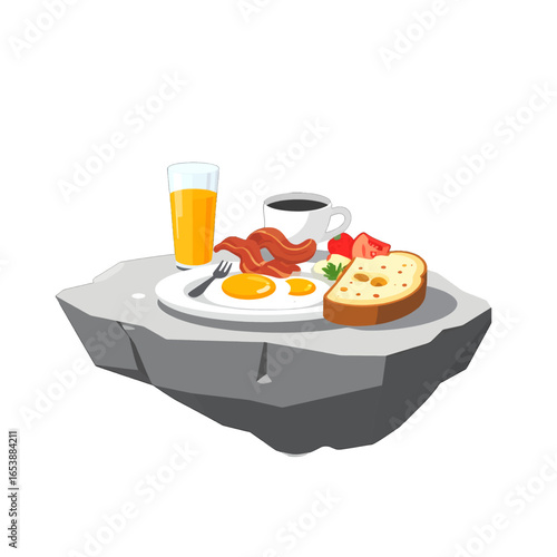 Pixel Art Still Life of a Breakfast with Fried Eggs Bacon and Toast with Coffee and Orange Juice on a Gray Stone on a White Background