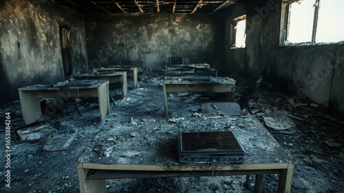 Burnt Classroom Interior with Scorched Desks and Charred Walls After Fire Incident, Showing Destruction and Aftermath of Fire Damage