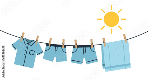 Cartoon Clothesline with Blue Garments Drying Under a Bright Sun Minimalist Style Design